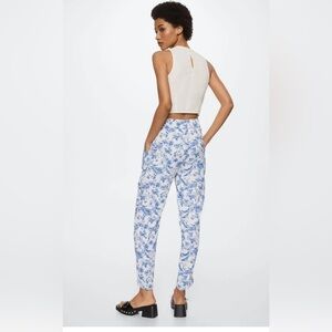 Mango Off White Belted Tie Waist Blue Print Lightweight Pants size 8
